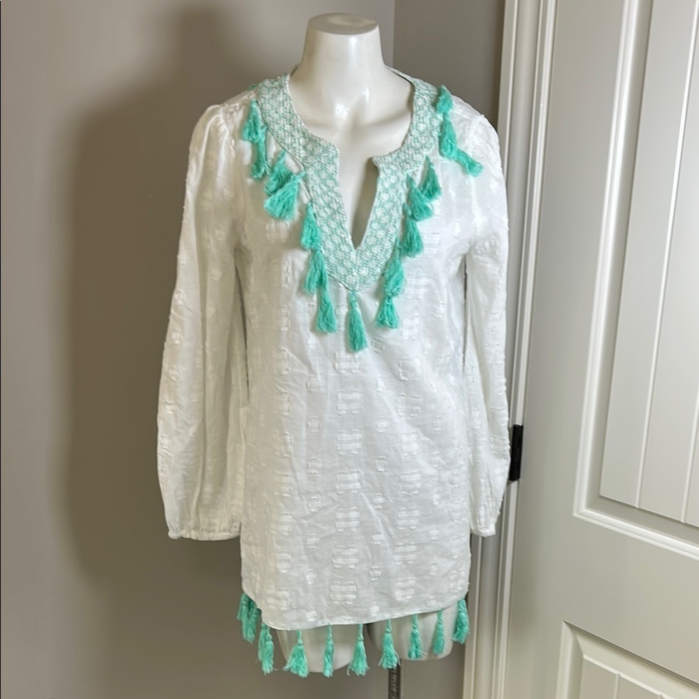 Sail To Sable Embroidered Cotton Tunic Top Cover Up Tassels White Mint Green M